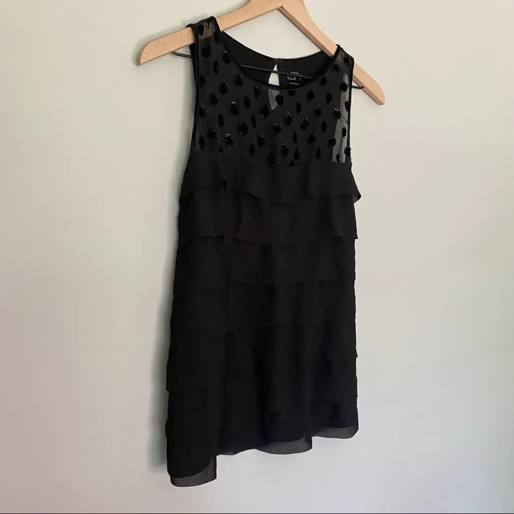 Loft Small Black Tank Top Sheer Polka Dots & Ruffles Sleeveless Blouse - Picture 2 of 7
